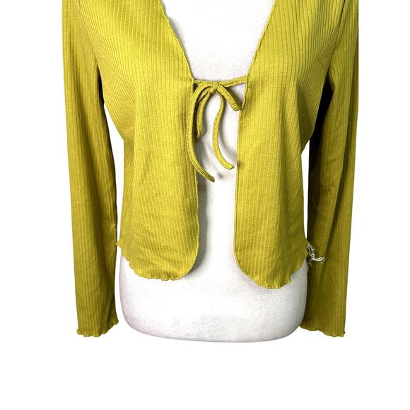 Elodie Cardigan Sweater Tie-Front Ribbed Cropped Length Mustard Yellow W L NWT - Picture 3 of 10